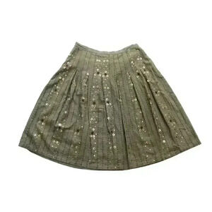 Carole Little Women's Size 8 Olive Green Linen Beaded Sequin Pleated Skirt Boho